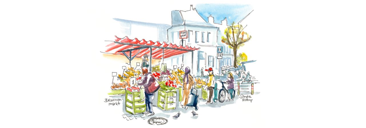 Rajz a bécsi Brunnenmarkt piaci standjairól